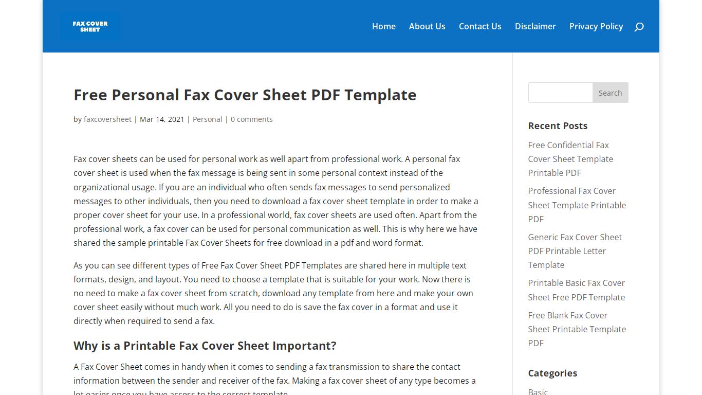 Free Personal Fax Cover Sheet PDF Template - Download Now